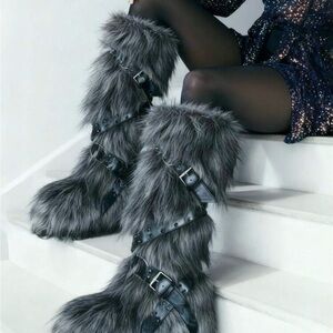 Faux Fur Gray Boots with Black Straps